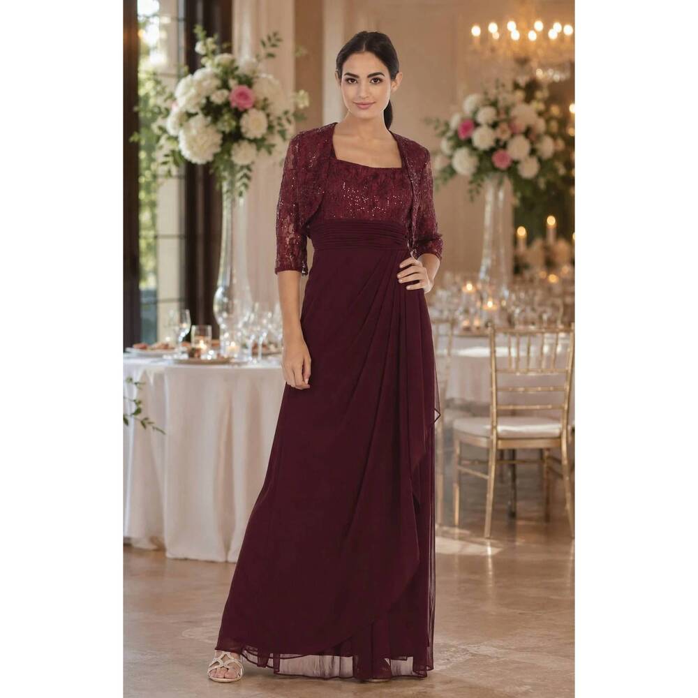 NEW EVA USA long mother of the bride lace chiffon jacket dress in burgundy